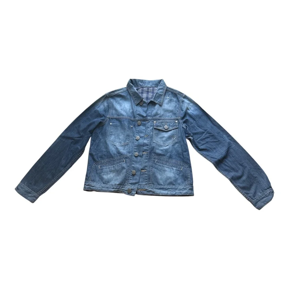 Fender Denim Jacket Mens Medium Wash Blue Plaid Lined Trucker Jacket Embroidered